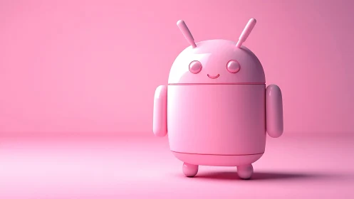 Pink glossy robot figure stands centered on monochrome background