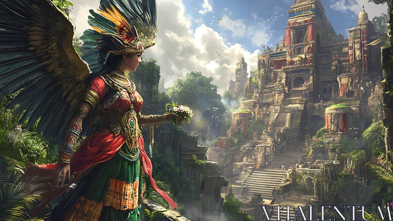 Winged jungle priestess surveys sunlit temple citadel.