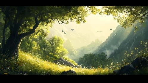 Mountain valley landscape with golden sunlight filtering through forest canopy