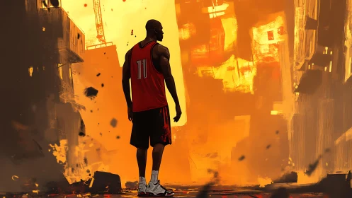 Basketball figure in infernal urban canyon, dynamic backlighting.