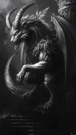 Majestic horned dragon guardian resting in shadowed ruins.