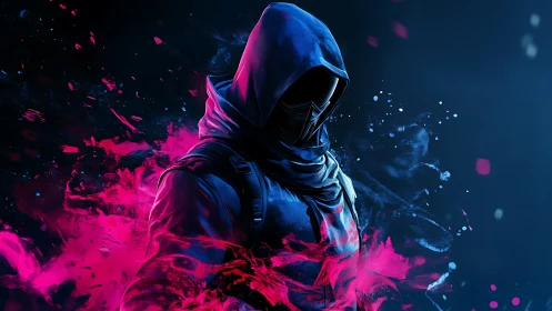 Hooded cyber warrior emerges amid neon magenta particle storm.
