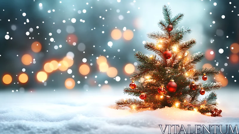 Snowy Christmas tree glows softly with warm festive lights