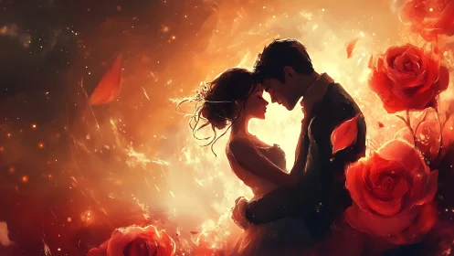 Passionate Silhouettes Among Luminous Roses: Digital Romance.