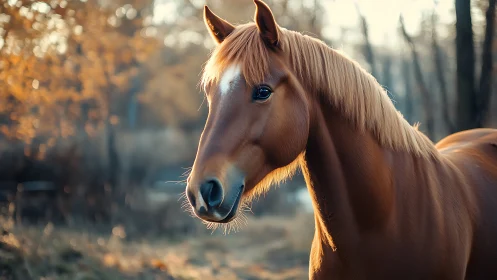 Chestnut horse stands in soft golden forest light.