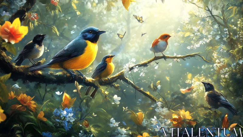 Colorful songbirds on flowering branches in magical sunlight, digital art.