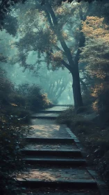 Ethereal Forest Path: Misty Woodland Passage with Golden Canopy.