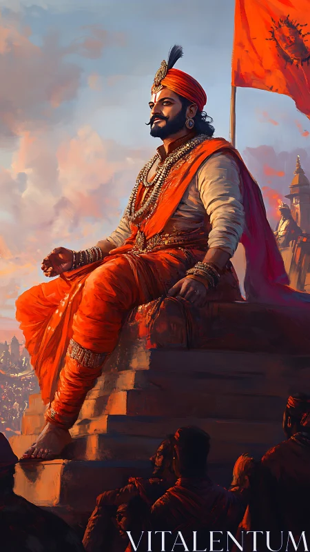 Regal warrior king sits above crowd under radiant sunset sky