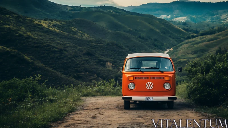 Vintage orange van parked on dirt road in green hills.