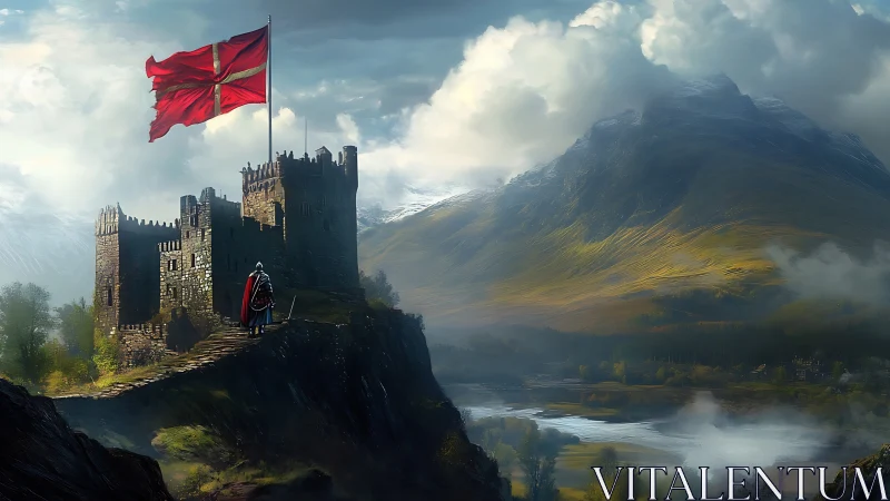 Knight before cliffside fortress beneath scarlet war banner.