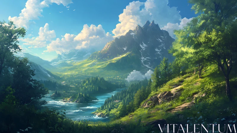 Sunlit alpine river valley under stratified cloud canopies.