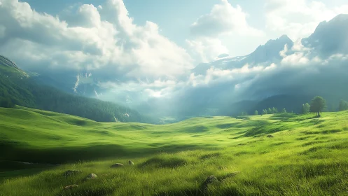 Emerald valley breathing under wandering mountain clouds.