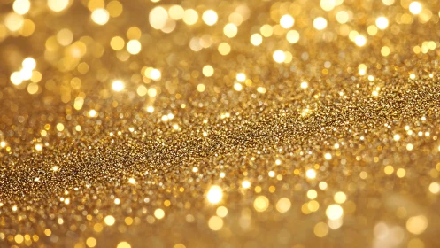 Photorealistic macro field of golden glitter bokeh surface.