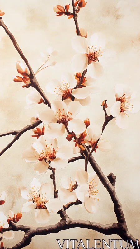 Almond Blossoms on Dark Branches Against Cream.