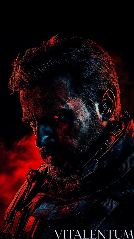 Armored soldier portrait lit by dramatic red and blue light