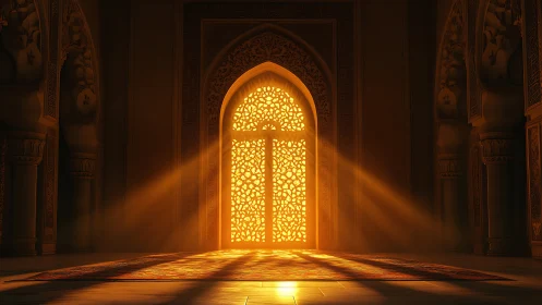 Golden sunlit doorway casting warm light across a quiet hall.