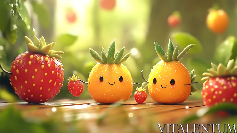 Anthropomorphic citrus and strawberries on wooden surface.