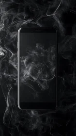 Glossy black smartphone front view in swirling white smoke field