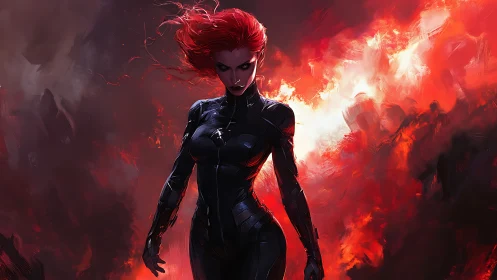 Red haired combatant in glossy bodysuit amid high contrast fire