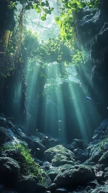 Sunbeams penetrate submerged cavern, illuminating aquatic flora