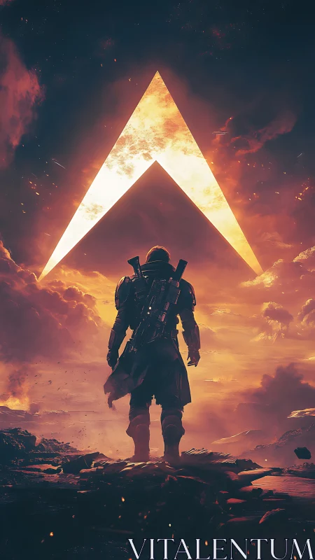 Lone space wanderer strides toward blazing celestial gate