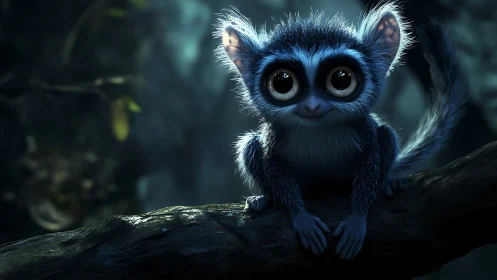 Small blue-furred forest creature on branch at night.