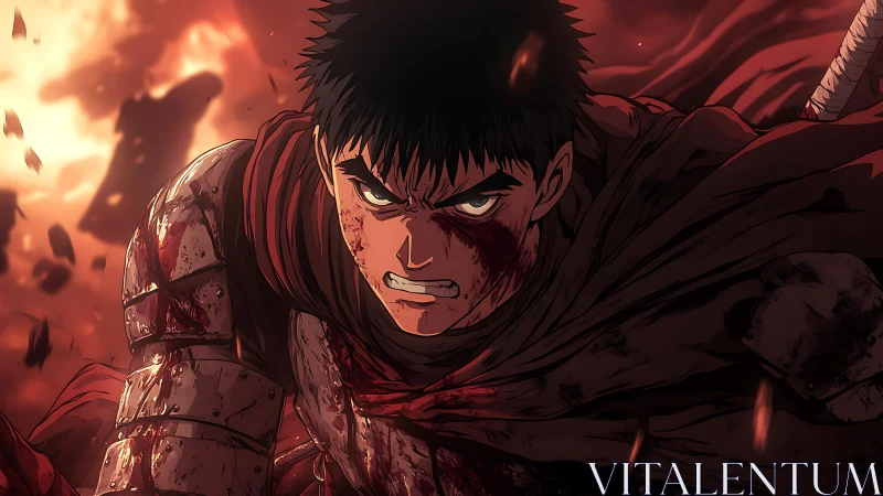 Battle-hardened warrior lunges forward amid blazing inferno