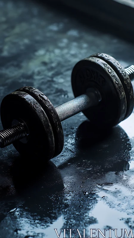 Rain-soaked iron dumbbell resting on a moody gym floor.