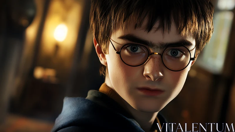 Intense close-up portrait of bespectacled boy in moody interior