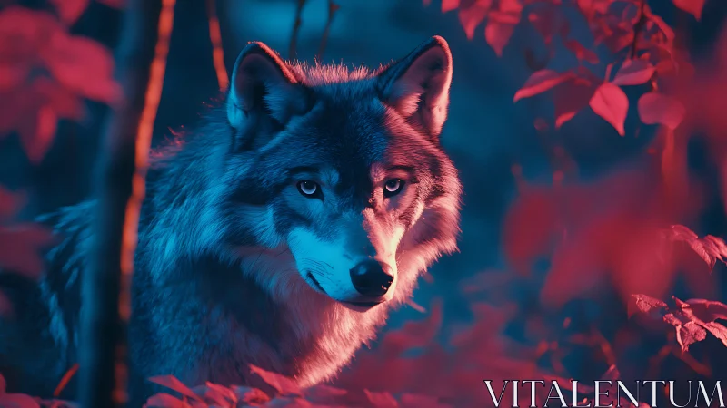 Lone wolf gazes through neon forest haze in vivid contrast