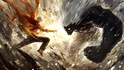 Blazing hero clashes with shadow titan in explosive battle.