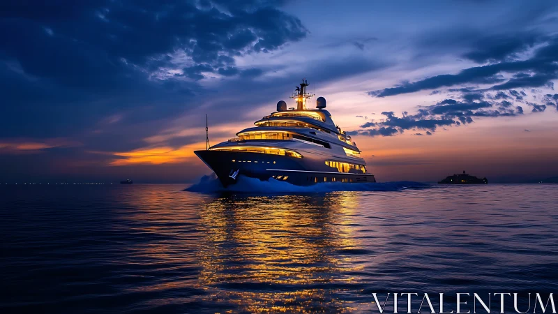 Golden twilight cruise aboard a glowing ocean yacht.