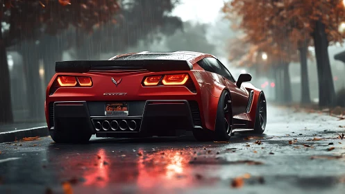 Photorealistic red sports car on wet autumn boulevard at dusk.