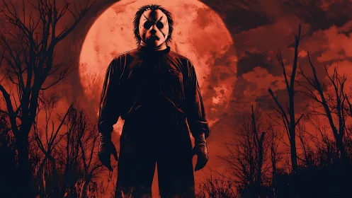 Lone masked figure under a brooding blood red moon.