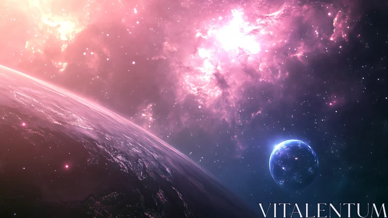 Glowing pink cosmos embracing two distant, dreaming worlds.