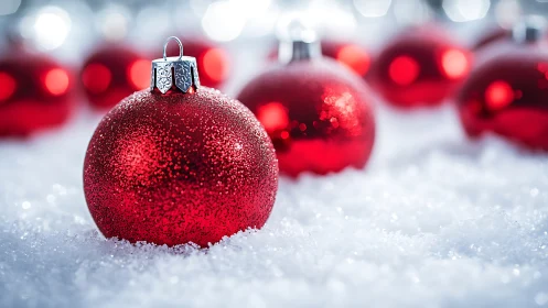 Red Christmas bauble rests on snow under soft festive bokeh