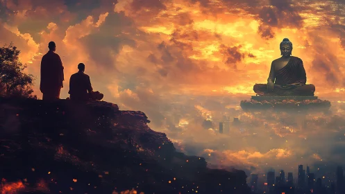 Monks contemplate luminous Buddha above burning cityscape.