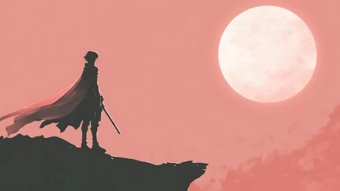 Lone caped swordsman greeting a pale colossal moonscape.