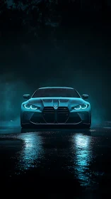 Midnight sports car glows over rain-soaked neon asphalt