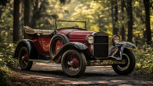 Forest-road vintage touring car basking in hush of dusk.