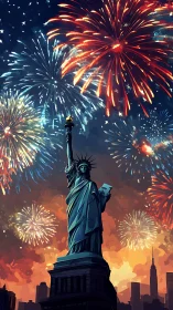 Statue of Liberty at night with multicolored fireworks display.