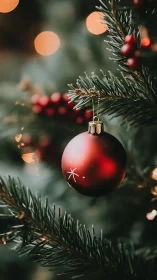 Red bauble on evergreen branch amid soft festive bokeh.
