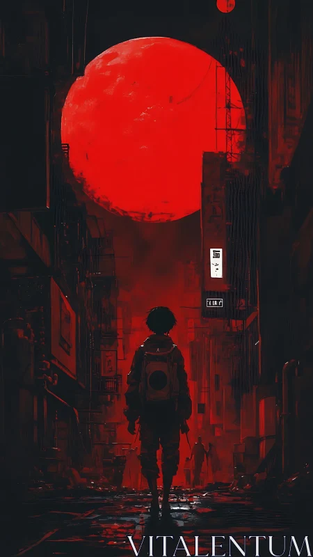 Lone urban wanderer under colossal red moonlit sky.