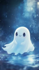 Gentle moonlit ghost drifts over a quiet blue pond.