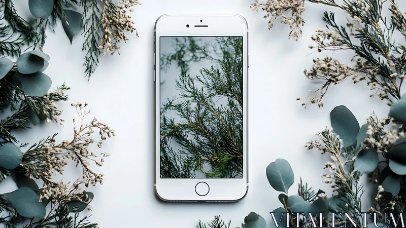 White iPhone Surrounded by Dried Flowers and Eucalyptus.