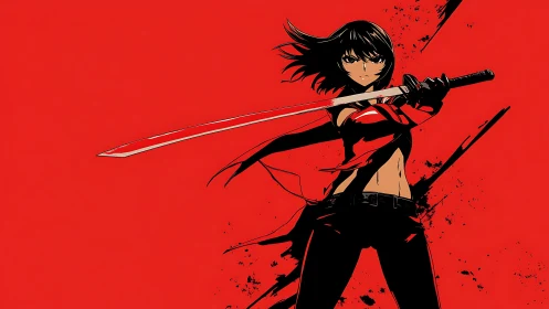 Scarlet skyline swordswoman carving silence in midair.