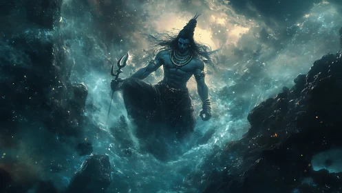 Divine warrior figure amid swirling cosmic waters.
