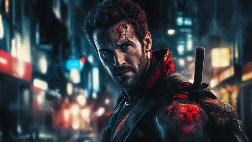 Bloodlit vigilante stalks neon alleys under rain-slick night.