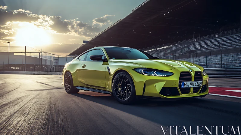 Sunlit green sports coupe ready for an exhilarating track run.