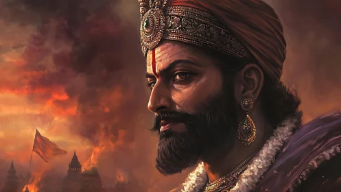 Warrior king portrait against burning battlefield sky.